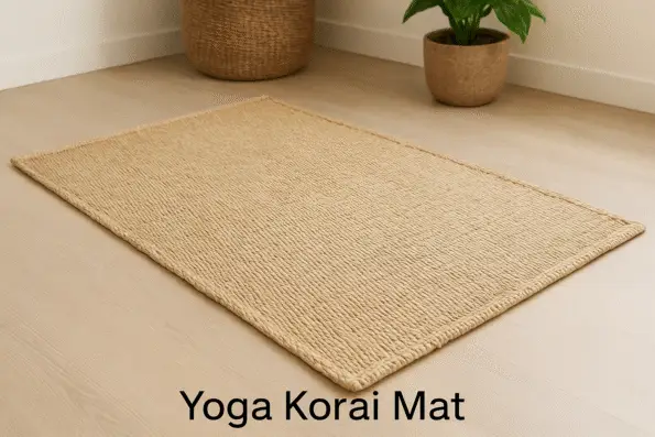 Natural fiber yoga mat on floor.